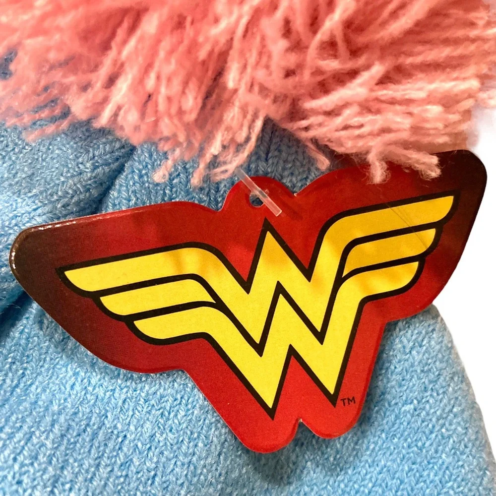 Wonder Woman beanie winter pom pom hat NWT baby pink & blue unique